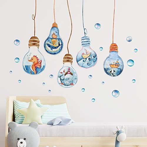 Arquiel aquarela Decalques de parede da lâmpada de baleias Bolhas de veleiro Bolhas de parede para crianças quarto quarto banheiro