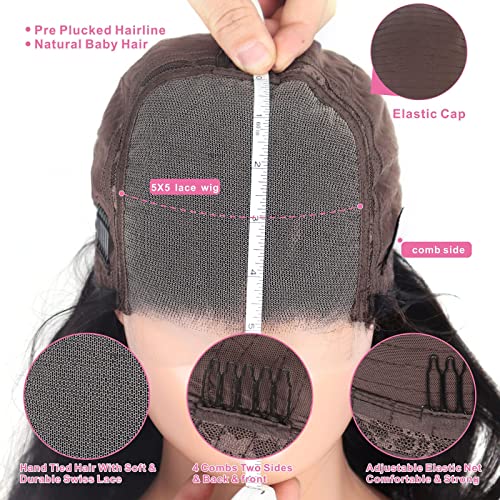 Aaliweya 5x5 Wigs de fechamento de renda Human Human Hair Body Wave 5x5 HD Wigs de fechamento de renda para mulheres negras de cabelo humano 150% de densidade pré -arrancada com cabelo macio e liso preto natural 18 polegadas +28 polegadas