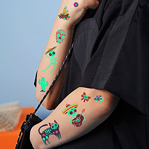 Day of the Dead Tattoo adesivos, 10 peças de 100 tipos de tatuagens temporárias luminosas de desenho animado infantil, esqueletos