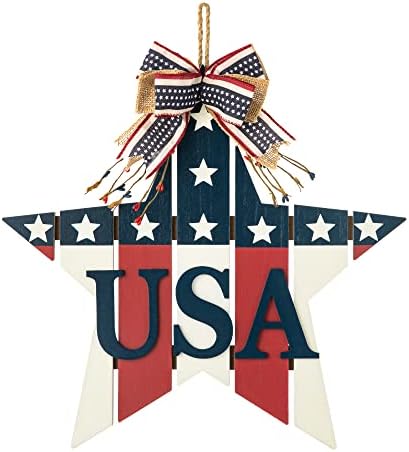 Glitzhome 19.25 L Decoração de cabide de madeira American Wooden American, Wooden Patriotic Stars Letters EUA Bem -vindo