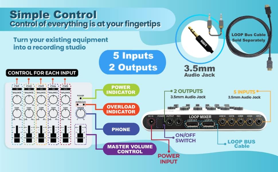 Mixer do fabricante Hart Loop - Mixer de áudio portátil com entrada estéreo de 5 canais, 3 saídas via conector de 3,5 mm. Incluindo um adaptador mono para estéreo DM2S.