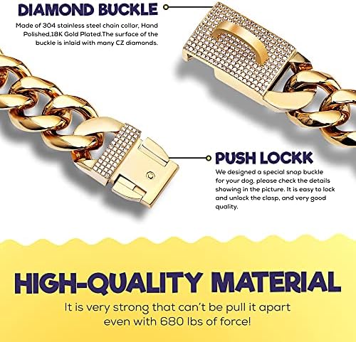 Diamond Diam Dog Gold Chain Collar - Colar de cão de luxo de 19 mm - Cadeia de cães dourados sofisticada com bling de cristal