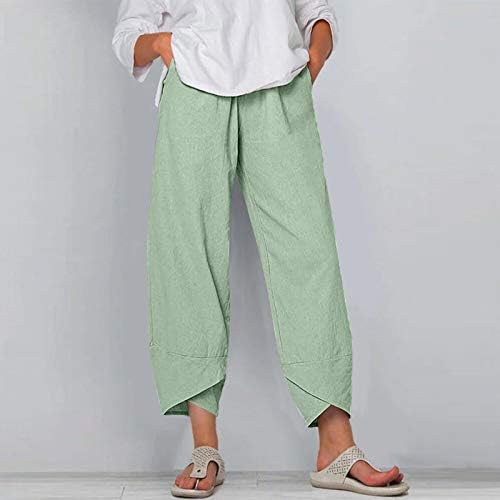 Calça de linho de algodão feminina cintura elástica de verão calças de praia de perna larga e relaxadas Fit Casual Casual