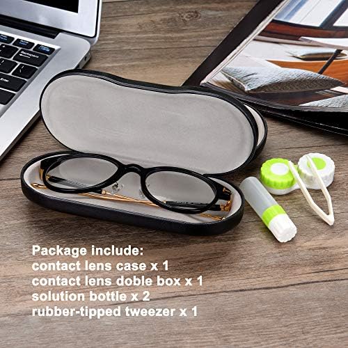 MUF 2 em 1 Caixa de lente de contato portátil de dupla face Caice e óculos, design de uso duplo com espelho embutido, pinça e garrafa de solução de lente de contato incluída para o kit de viagem