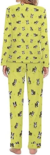Adorável pijama feminino de Boston Terrier define duas peças de manga longa para dormir roupas de dormir com bolsos