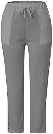 Calça de linho feminino lateral chique hollow out cônico calças de harém casual capri calças boho summer praia