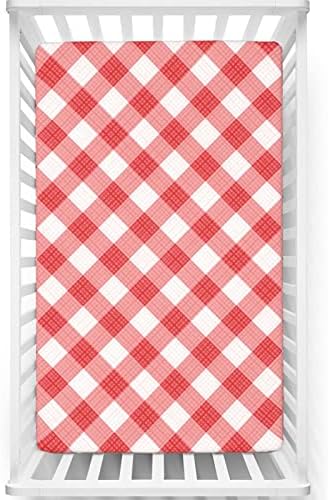 Folha de berço com tema xadrez, colchão de berço padrão folha de colchão de colchão de berço lençóis de colchão para meninas meninas, 28 x52, coral escuro seco rosa branco