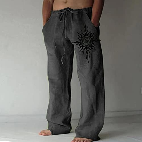 Calças de linho de algodão masculino bolsos folgados de verão calça elástica da cintura