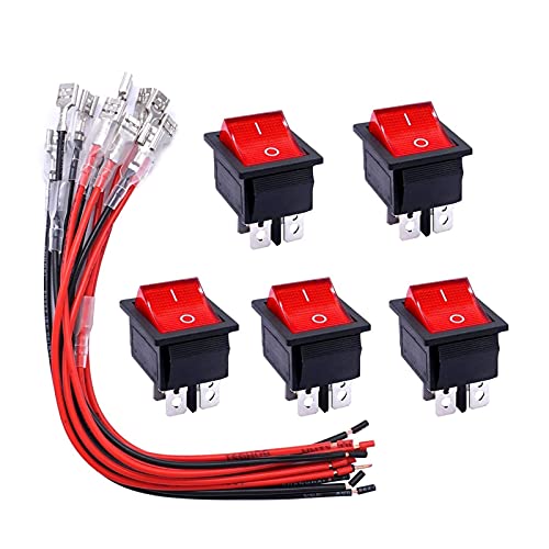 Befia 5pcs AC 250V/16A 125V/20A Luz vermelha iluminada ON/OFF DPST 4 PIN 2 Posição TOGLING ROGHER SPANGES+12PCS 6.3mm