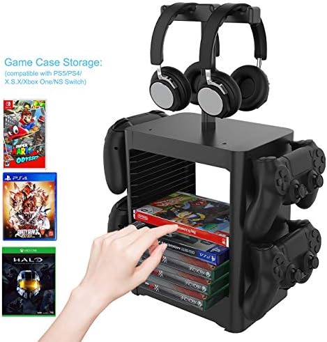 Joytorn Games Storage Tower para PS5, Rack de disco de jogo e controlador/suporte do fone de ouvido compatível com Xbox Series X/Nintendo Switch/PS4