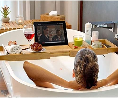 Capa da banheira Luxo banheira de banheira de banheira de banheira de bambu de luxo com lados estendendo -se na bandeja de celular