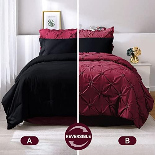 Jollyvogue Queen Consterper Conjunto 8 peças, cama de Borgonha em um edredom de bolsa para quarto, conjuntos de edredom de cama com consolador, lençóis, saia de cama, shams e travesseiros com babados e travesseiros