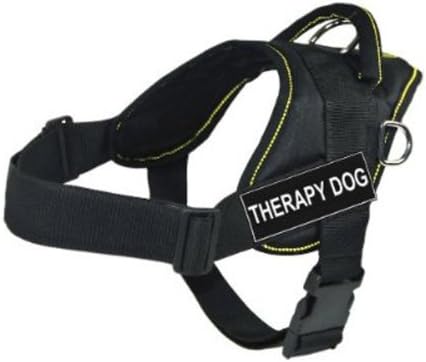 DT Fun Works Arnês, cão de terapia, preto com acabamento amarelo, X-Large-se encaixa no tamanho: 34 polegadas a 47 polegadas