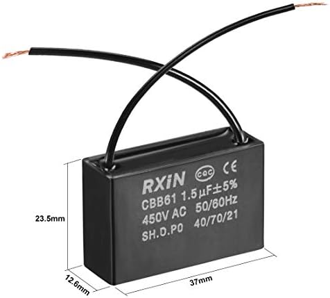 Capacitor de ventilador de teto UXCELL CBB61 1.5UF 450V AC 2 FIRES CAPACITORES DE FILME DE POLOPROPILENO METALIZADOS 37X23.5X12.6mm