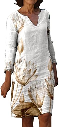 Mulheres vestido casual estampa de flor v linho de algodão de pescoço de comprimento de manga longa de manga longa Véspera de véspera