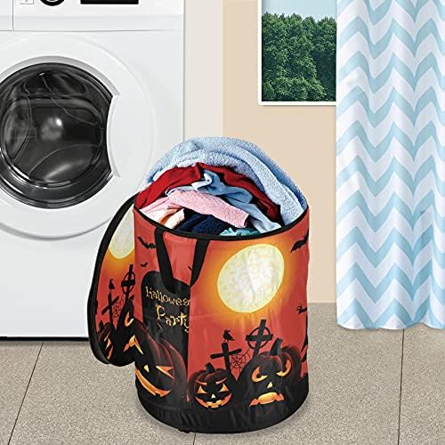 Halloween Jack Lantern Pumpkin Moon Full Pop Up Laundry Horty com tampa de cesta de armazenamento dobrável Bolsa de roupas dobráveis ​​para acampamento Organização para casa