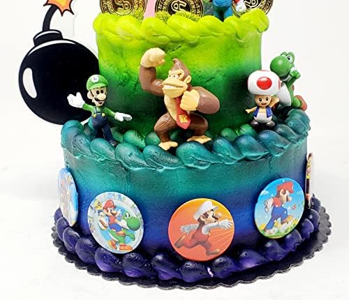 Mario Brothers 23 peças Topper de bolo de aniversário Conjunto com Mario Castle, Bomb, Moedas Mario, 6 figuras de Mario, incluindo Mario, Luigi, Princesa Peach, Toad, Yoshi, Donkey Kong e 12 Butões de Mario 1