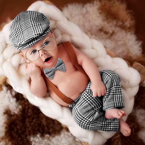 SPOKKI 4 PCS Recém -nascidos Baby Photo adereços, Romines de treliça Calças suspensas com copos de boina gravata borboleta