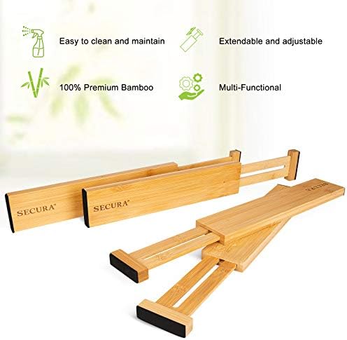 Secura Bamboo Divisedores Divisores Organizador 4-Pacote Separadores de gavetas ajustáveis ​​Expandível de 12,0-17,1 polegadas para cozinha, escritório, banheiro, armário, cômoda