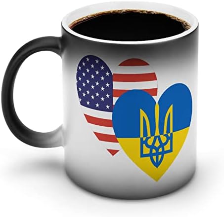 Ucraniano USA Heart Flag Creative Descoloração Cerâmica Chefe de Caneca Caneca de Calor Funny for Home Office