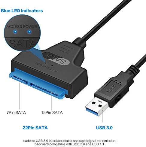 Cotchear USB 3.0 para SATA III Cabo do adaptador de disco rígido, cordão de adaptador portátil de 15 + 7 pinos 22 pinos