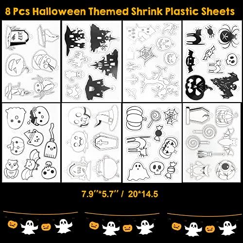Hewolly 136pcs Halloween Shrink Kit de plástico inclui 8 PCs Halloween Shrinky Plástico lençóm