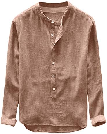 Masculino de linho de algodão de cor sólida henry colar camisas de manga longa outono botão de inverno casual blusa