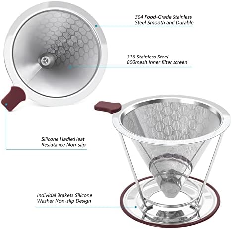 Malihoo Aço inoxidável despeje sobre filtro de cone de café, filtro de café com cone de favo de mel com suporte removível, despejar