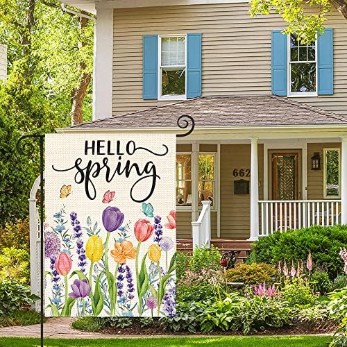 Avoin colorlife Hello Spring Tulip lavanda Bandeira do jardim de 12 x 18 polegadas de 18 polegadas, bandeira do pátio de flores