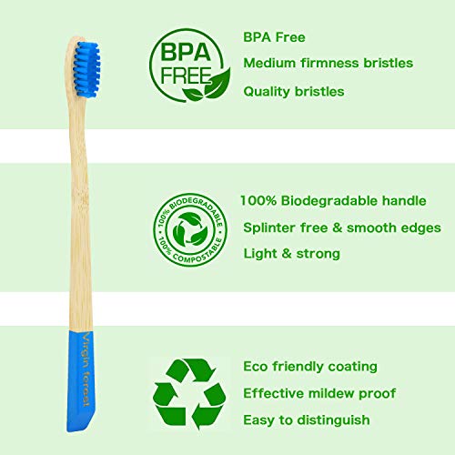 Escova de dentes de bambu da floresta virgem, escovas de dentes de madeira ecológicas naturais, escova de dente a carvão biodegradável, pacote de 6