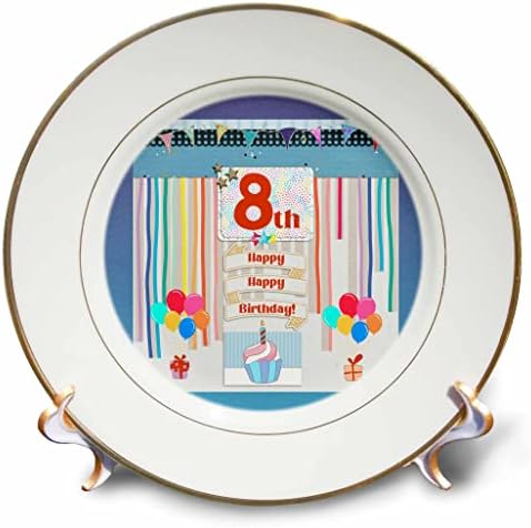 Imagem 3drose da tag de 8º aniversário, cupcake, vela, balões, presentes, streamers - placas
