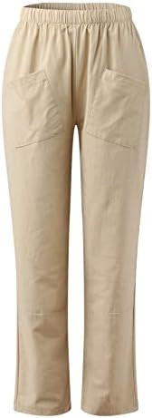 Calças de linho de algodão casual de verão para mulheres calças de perna larga e largo calças de cintura alta com bolsos de