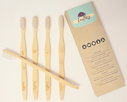 Escova de dentes de bambu: bambu, pacote cinco, cerdas macias, cerdas biodegradáveis, adultos, crianças, crianças, pacote familiar, bpa livre, viagens, macias, diferenciáveis, Earthoz
