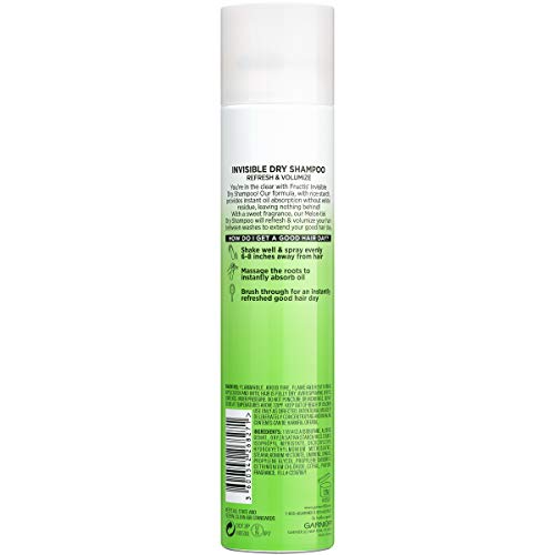 Garnier Invisible Shampoo seco sem resíduo visível alimentado por amido de arroz para absorver instantaneamente óleo, atualizar e volumizar, sem silicone, melon-tini por frutis, 4,4 oz.