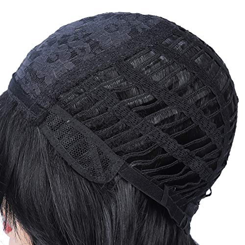 Perucas retas e pretas sintéticas para mulheres - cabelo ondulado natural peruca curta com franja peruca de substituição resistente