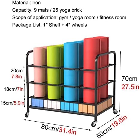 WDJBPSH CARRO DE ARMAZENAMENTO DE MATO DE YOGA com rodas, estúdio/academia/escritório portador de espuma ajustável, rack de organizador preto para prender 9-14 tapetes