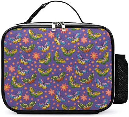 Flores brilhantes e Butterfly Leather Lunch Tote Bag Pack reutilizável com alça de dobra para viagens de piquenique no