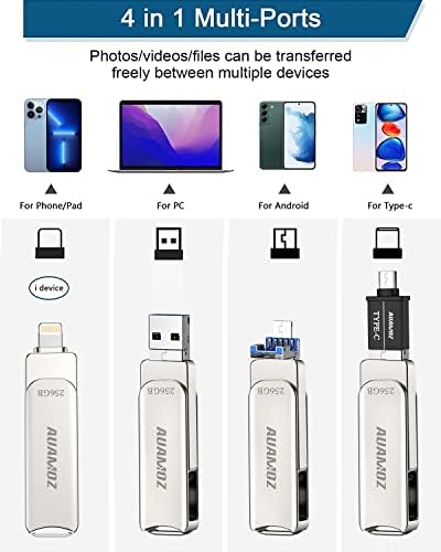 Auamoz 256GB Photo Stick para iPhone Flash Drive, iPhone USB Memory Stick Drives Drives de alta velocidade Stick Stick Storage Compatível com iPhone/iPad/Android/PC