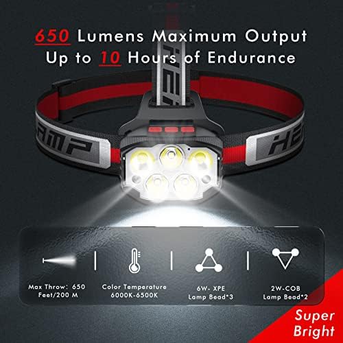 Farol de LED para adultos com 5 núcleos e 6 modos, 650 lúmens brilhantes luminárias USB recarregáveis ​​para resistência leve e longa. Faróis à prova d'água para acampar, fazer caminhadas, correr.