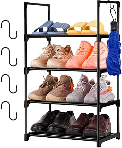 Nihome Shoe Rack de 4 camadas, armário de organizador de armazenamento de estantes de sapatos com ganchos, torre de cano de sapatos de gabinete de metal, prateleira de sapato de economia de espaço para economia de espaço