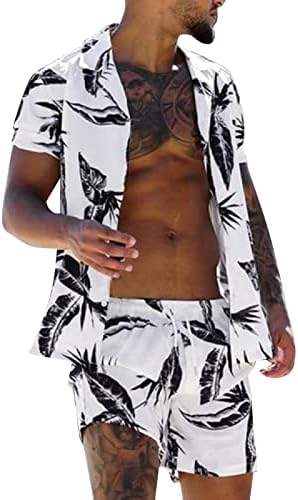 Weuie Slim Fit for Men calça impressa Camisas de duas peças de praia Manga e curta curta de verão Flores para ternos