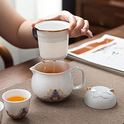 Conjunto de chá de chá de cerâmica portátil: Lucky Cat Porcelain Buise com alça - filtro de chá - tampas e 2 xícaras de chá -