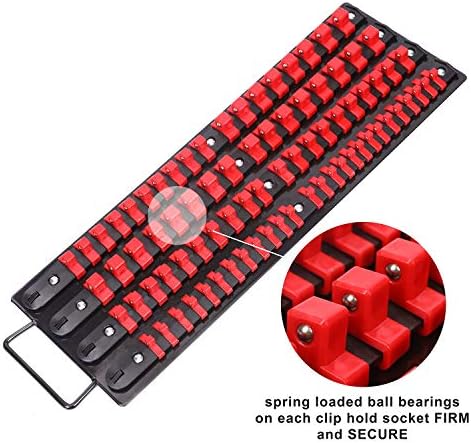 Bandeja de organizador de soquete portátil de 80 peças de 80 peças, 1/4 de polegada, 3/8 polegadas, 1/2 polegada de soquete de serviço pesado, trilhos pretos com clipes vermelhos e clipe de soquete de 30 peças, 1/2 polegada, 3/8 polegadas, 1/4 de polegada de mola vermelha