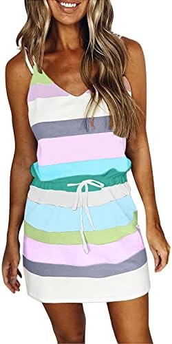 Vestidos de verão femininos de LCZIWO 2023 Casual Block Color Spaghetti Strap V Decote Sleeseless String String Walting Mini Beach