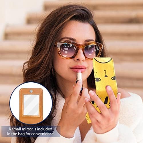 Mini maquiagem de Oryuekan com espelho, bolsa de embreagem Leatherette Lipstick Case, desenho animado Adorável Cato Amarelo