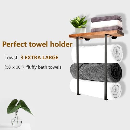 Suporte de toalha para o banheiro montado na parede, suportes de toalha de metal com prateleira de madeira ， 3 set [extra