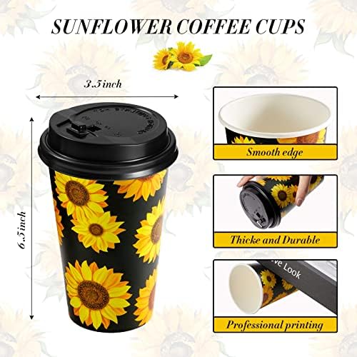Zhehao 50 PCs 16 onças de girassol em gola de café com tampas florais para ir a um café de papel para o verão de suprimentos de girassol.