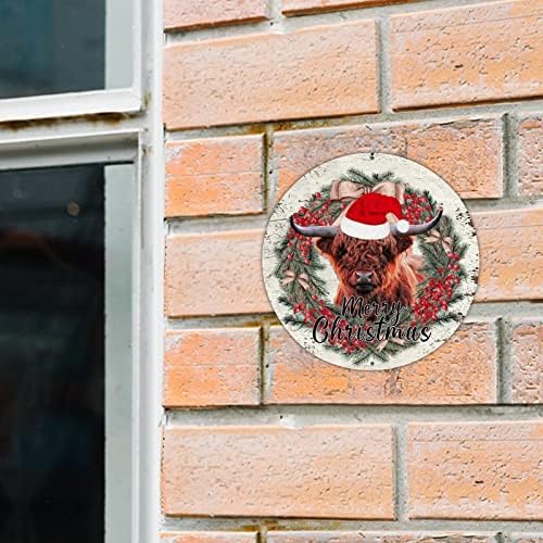 Decstic Welcome Sign Sign Feliz Natal Rodada de alumínio Hat Christmas Cow Mistleto Senhora Sign Hello Winter Tin Wall Art para a cozinha