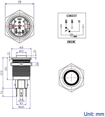 Taien Momentary PushButton Switch 1No 1nc On/Off Black Metal Chell com luz LED branca de 12V para 16mm 5/8 Hole de