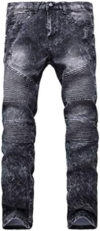 Andongnywell Men Motorcycle Pleated Destroyed Micoter reto jeans rasgado comprido com zíper Deco